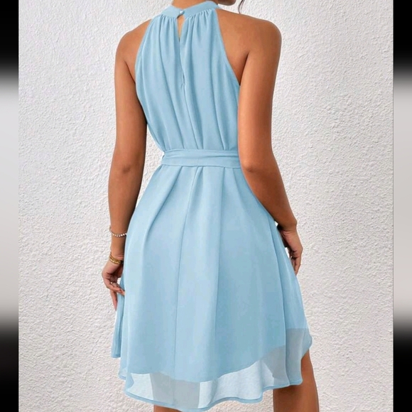 Elegant Commuter Minimalist Solid Color Halter Neck Dress,Business Casual - Picture 2 of 4